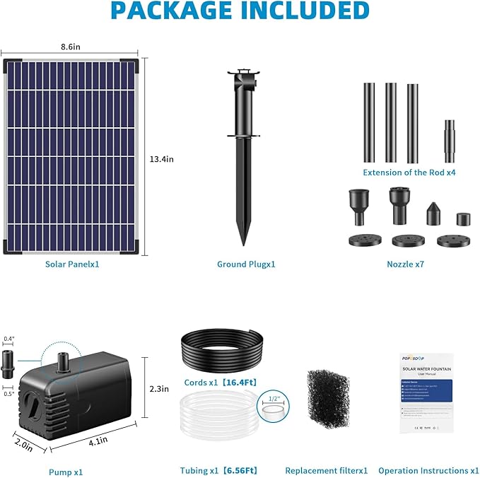 POPOSOAP 12W Solar Water Fountain Pump, Solar Water Pump with Flow Adjustable, Solar Pond Pump with Water Shortage Protection & 16.5FT Cord for Ponds, Garden, Waterfall, Hydroponics-P112H