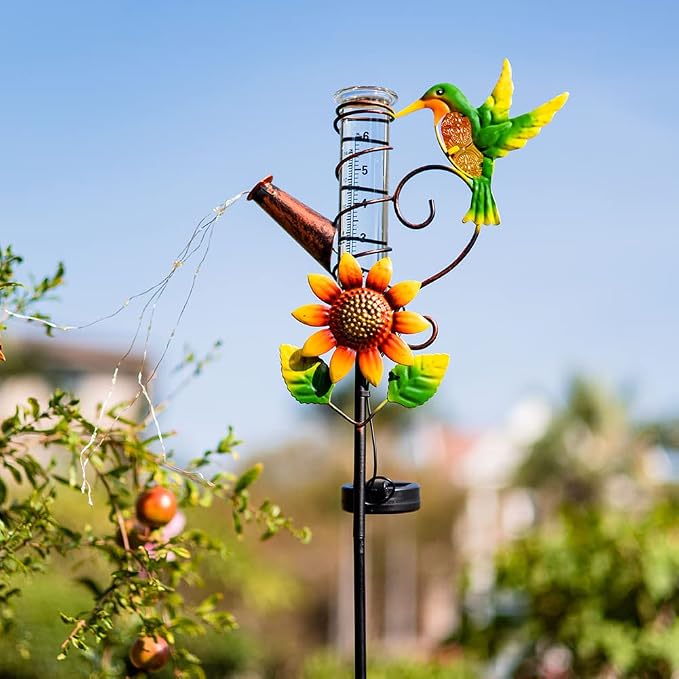 Stargarden Rain Gauge Outdoor-36 Inch Hummingbird Solar Rain Gauge with 6” Glass Tube for Yard Garden Patio Lawn