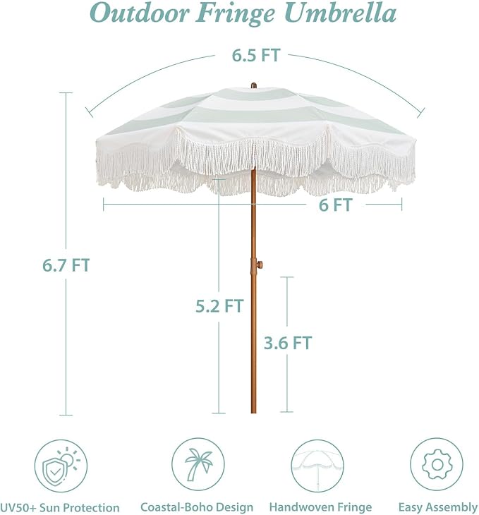 AMMSUN Boho Fringe Umbrella Outdoor Patio, 6.5ft UPF50+ Picnic Umbrella with Tassels with Steel Pole and Push Button Tilt, Vintage Green Stripe