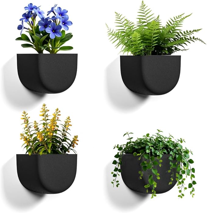 Asnext 2 Pack Wall Hanging Planter Pots for Indoor and Outdoor Plants, 7 Inch Half-Moon-Shaped Plastic Wall Planter, Wall Mounted Succulent Planters (Black)