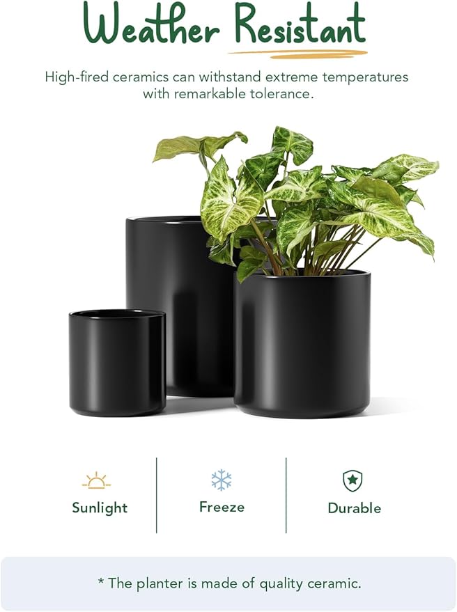 LE TAUCI 10+8+6 Inch Ceramic Pots for Plants, Indoor Planters with Drainage Hole and Plug, Modern Cylinder Flower Pots Set of 3 for Office and Living Room, Satin, Black
