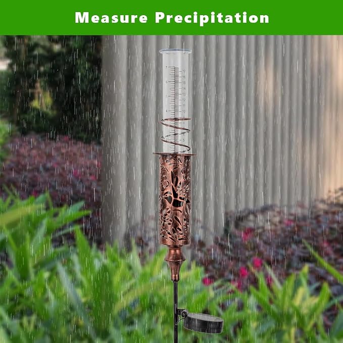 Rain Gauge Outdoor, Hollow Out Hummingbird Solar Rain Gauge, 7 Inch Tube Rain Measure Gauge with Stake, Decorative Metal Rain Measure Tool for Yard, Lawn Ornaments
