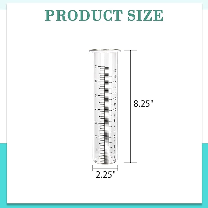 Glass Rain Gauge, 8.25 x 2.25 Inches, 7 Inch Capacity, Clear Tube with Measurement Markings