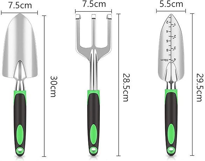 Stainless Steel Garden Tool Set,3 Pieces, Including Hand Shovel & Transplant Shovel & Hand Rake with Non-Slip Soft Ergonomic Handle (Green).