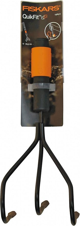 Fiskars QuikFit 3 Prong Cultivator, for Optimal Bed Preparation and Care, Tool Head, Length: 31 cm, Width: 12.5 cm, Black/Orange, 1000680