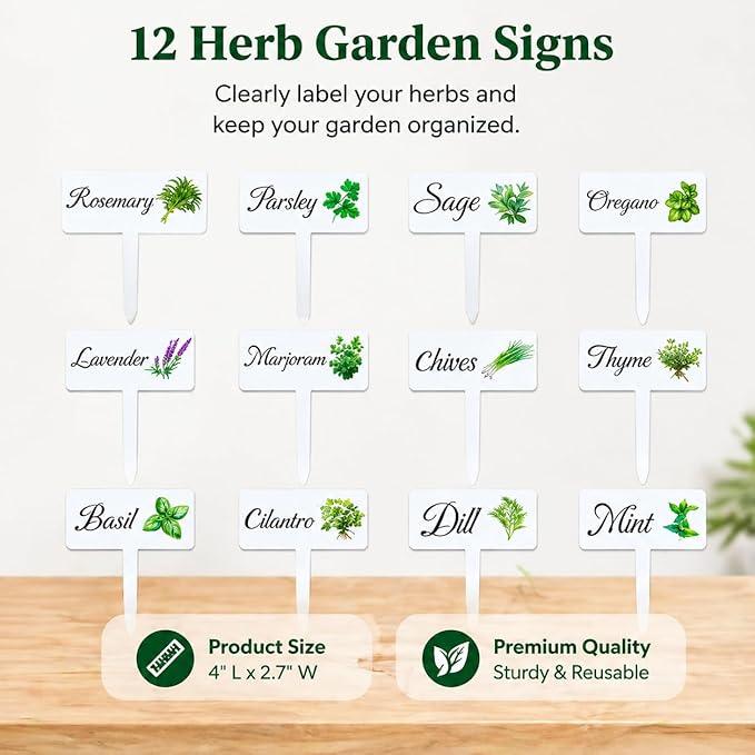 12Pcs Herb Garden Signs - 12 Styles Plant Labels for Outdoor Acrylic Markers - Waterproof Reusable Stakes Tags With Names for Vegetables Indoor Outdoor Decoration