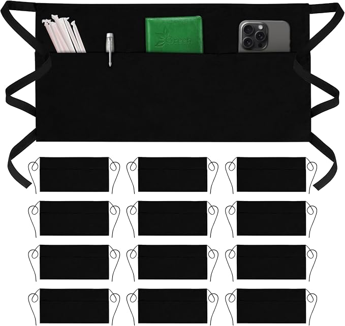 GREEN LIFESTYLE Server Aprons with 3 Pockets - Waist Apron, Waitress Apron for Women and Man, Water Resistant with Long Waist Strap Reinforced Seams, Half Apron (12 Pack - Black)