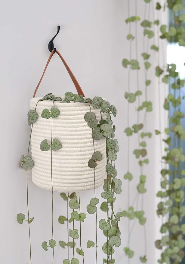Goodpick 2pack Rope Hanging Basket - Small Round Hanging Baskets Storage for Key, Sunglasses, Wallet on Door - Modern Woven Baskets Wall Decor for Plant, White Cotton Basket 7.87 x 7 x 11.7 inches