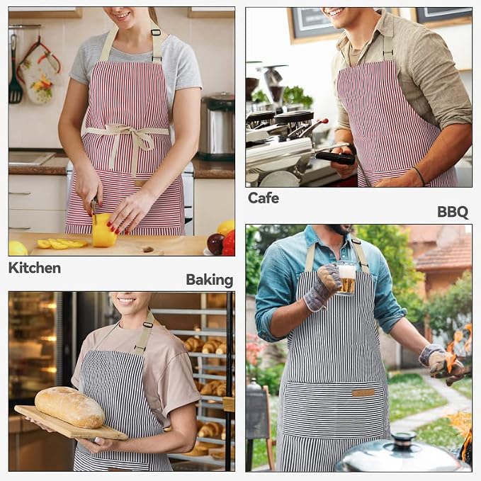 NLUS 2 Pack Kitchen Cooking Aprons, Adjustable Bib Soft Chef Apron with 2 Pockets for Men Women (Blue Pinstripes/Pink Pinstripes)