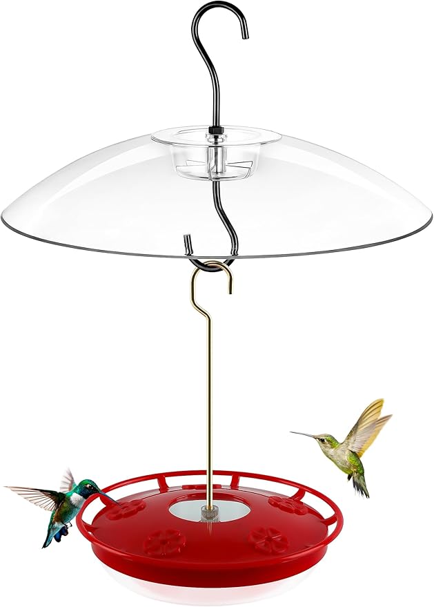 FEED GARDEN Hummingbird Feeder with Rainproof Dome, 16oz Nectar Feeder 11.8" Rain Guard Weatherproof Ant Moat Easy Fill & Clean Hanging Leak-Proof BPA-Free
