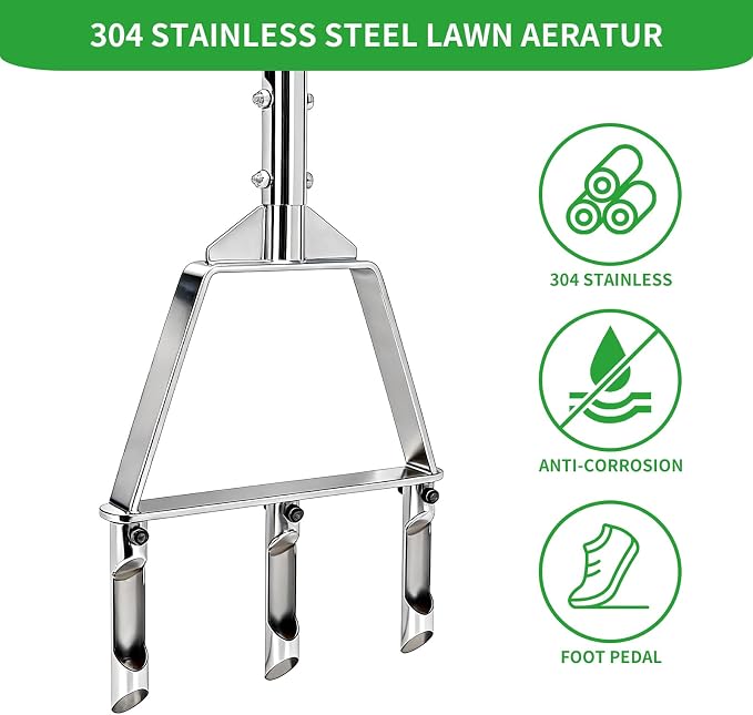 Lawn Aerator Tool - Manual Core Aerator with 3 Hollow Tines, Stainless Steel Soil Aeration Tool for Compacted Lawn & Yard | Semi-Assembled Grass Aerator