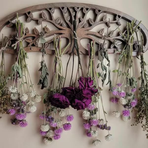 Tnstbiee Rustic Herb Drying Rack Hanging - Artistic Life Tree Design for Kitchen Witches & Gardeners - Holds 11 Bouquets - Saving Space Herb & Flower Dryer - Gift for Crafters - Wall Art Décor