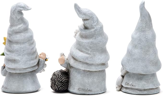 Hodao 3PCS Spring Garden Gnome Statues - Cute Resin Faceless Dwarf Figurines with Sunflower, Hedgehog & Butterfly - Outdoor Yard, Patio, Lawn, Porch & Indoor Shelves, Tiered Trays, Housewarming Gift