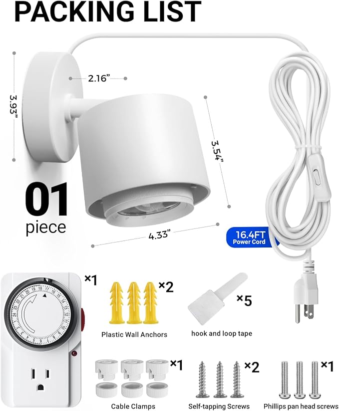 Barrina TR40a Track Grow Light for Indoor Plants, 40W Wall-Mounted Grow Bulbs with Adjustable Beam Angle (15°-60°), 5000K Full Spectrum Plant Spotlight with Timer & 16.4' Power Cord, 1-Pack
