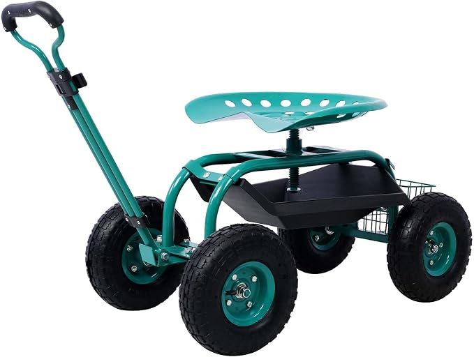 Rolling Garden Cart, 360 Swivel Gardening Seat with Wheels, Tool Basket, Adjustable Height, Outdoor Garden Workseat, Gardening Stool Scooter for Sitting (Green)