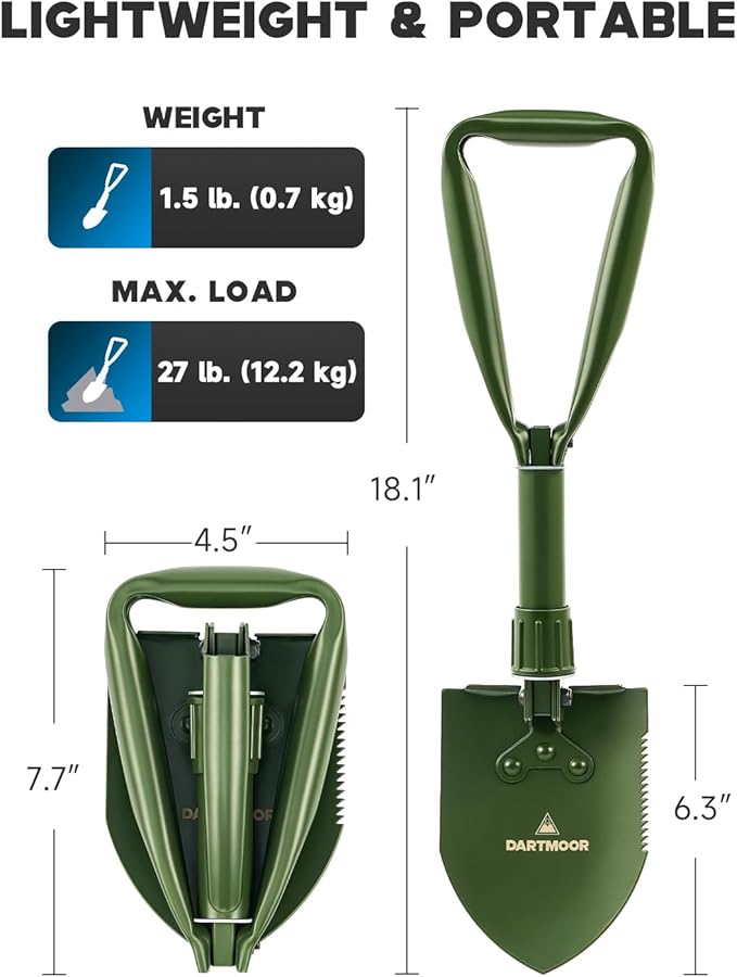 DARTMOOR Folding Shovel, 18" Mini Camping Shovel with Saw Edge, Lightweight Outdoor Survival Shovel for Digging, Camping, Hiking, Garden, Backpacking, with Storage Bag, Green