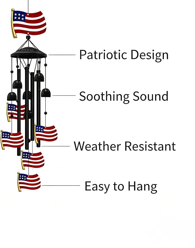 American Flag Patriotic Wind Chime, Red White Blue Aluminum Tube Wind Chimes Waterproof Hanging Ornament for Front Porch Garden Yard, 4th of July Independence Day Memorial Day Veterans Day Gift