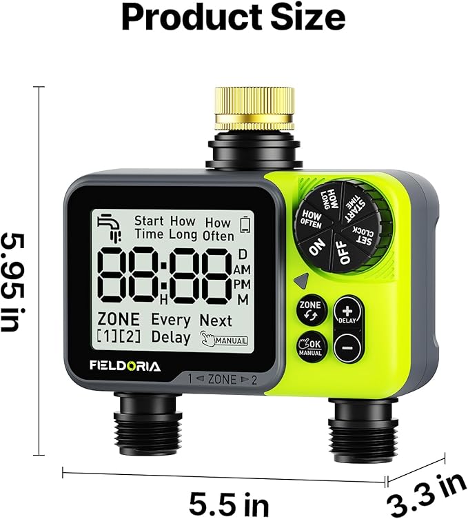 Sprinkler Timer- Water Timer for Garden Hose, Brass Inlet Programmable Watering Timer, Rain Delay Outdoor Soaker Auto& Manual Irrigation Controller System for Yard Lawn Greenhouse, 2 Outlets