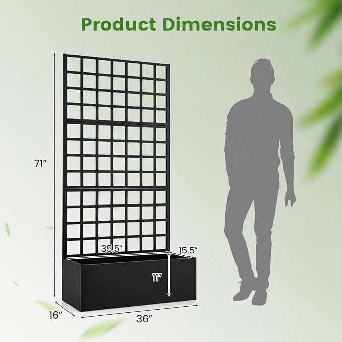 Giantex Metal Raised Garden Bed with Trellis, 71"x36"x16" Galvanized Planter Box w/Drainage Holes for Climbing Plants Vegetables Flowers, Outdoor Privacy Screen for Patio Backyard Balcony