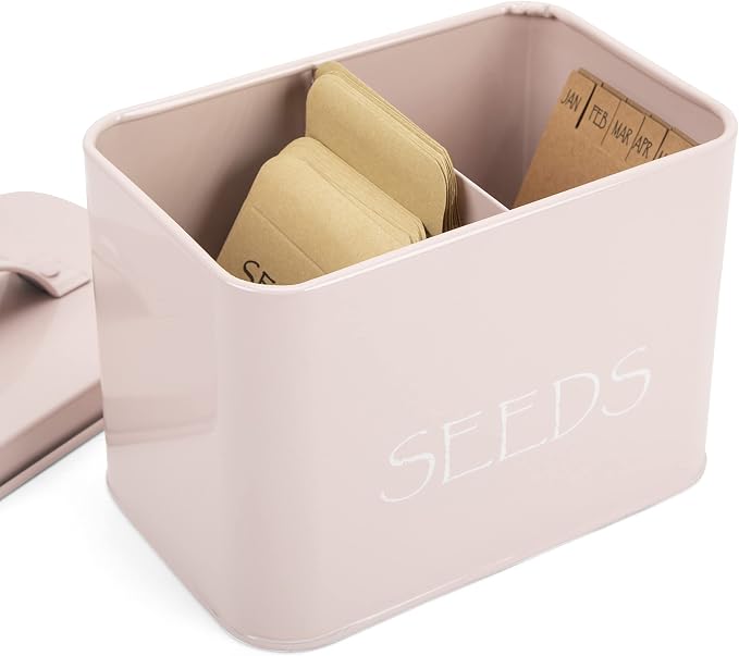 Katai Seed Storage Box – Durable Metal Seed Organizer Storage Box for Gardeners, Complete Seed Packet Storage Box with Lid, Monthly Dividers, 20 Envelopes & Pencil, Compact Seed Saver, Pink Flamingo