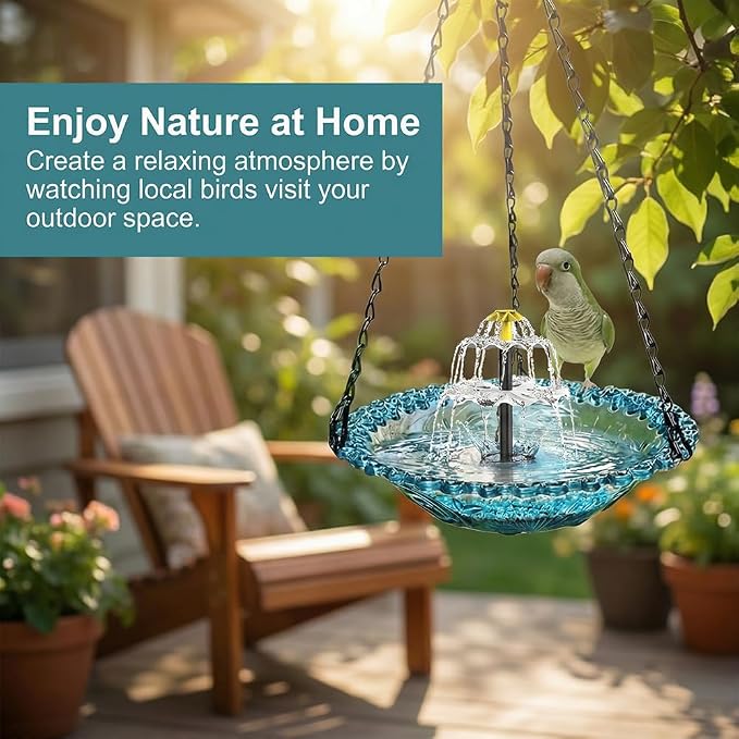 Solar Hanging Humming Bird Bath Fountain with Pump, Glass Bowl Cascading Water Fountain Solar Powered Outdoor Bird Bath for Garden Patio Yard (Blue)