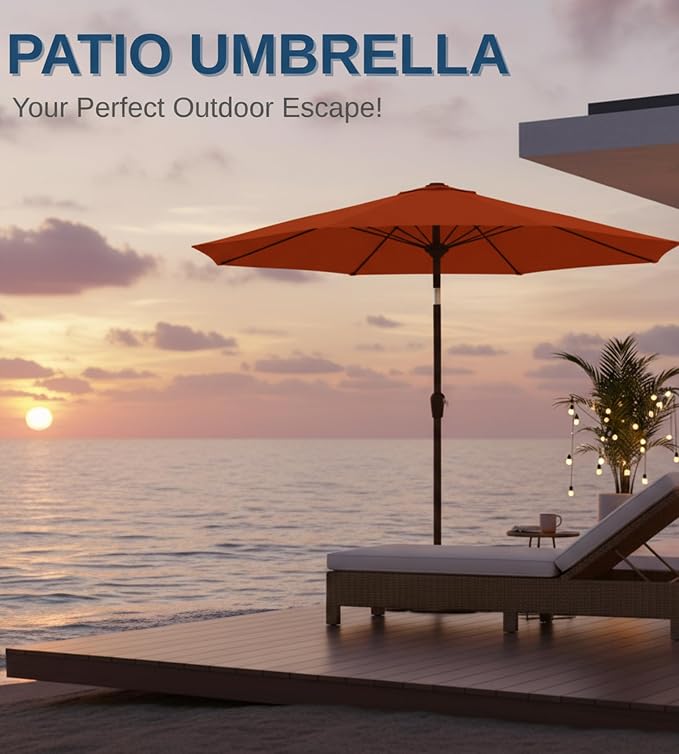 9FT Auto-Tilt Patio Umbrella|Outdoor Market Table Umbrella with 8 Fiberglass Ribs for Pool,Deck&Backyard