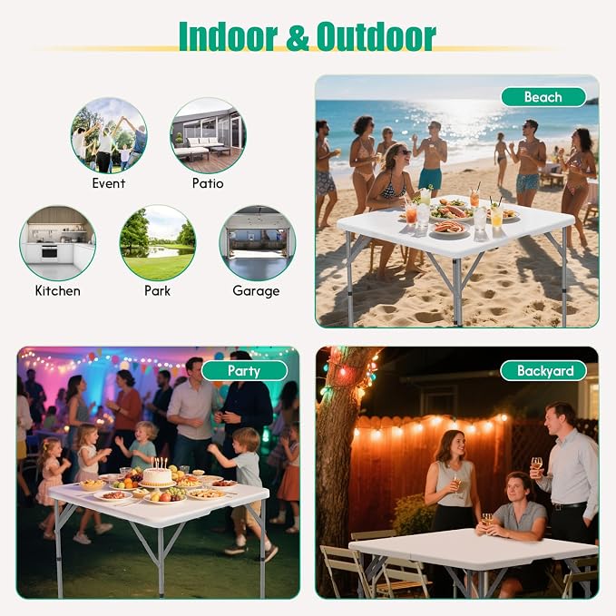 HLPB 34'' Square Folding Card Table, Fold-in-Half Portable Dining Table with Handle and Safety Lock, Foldable Plastic Dining Table Indoor Outdoor for Camping, Picnic and Party Event, White