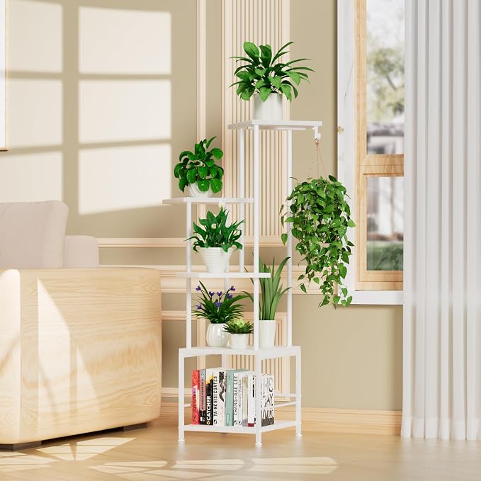 Homsorout Plant Stand Indoor with Grow Light - 5-Tier Metal Plant Shelf with Hanging Basket Hook, Corner Tall Flower Holder for Multiple Plants, Living Room Balcony Garden Patio, White