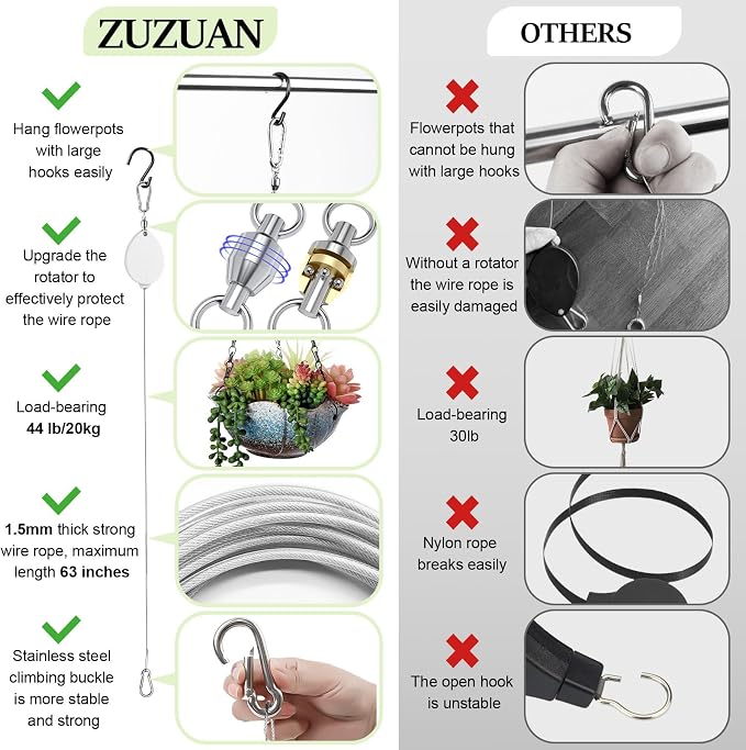2026New 3Pcs Retractable Plant Hanger with Leaf Texture,44Lbs Load Capacity,Auto Lock,Adjustable Hook for Hanging Plants,Bird Feed,Wind Chimes,Garden Pots,Rust-Proof Stainless Steel,White