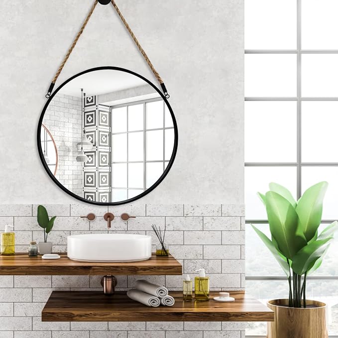 POZINO Round Hanging Mirror with Rope, 20" Farmhouse Decorative Mirror with Black Metal Frame, Circle Wall Mirror for Bathroom, Bedroom, Living Room, Entryway, Fireplace
