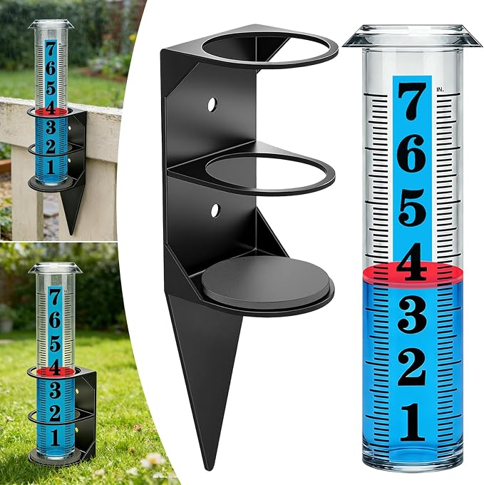 YZDTECH Rain Gauge Outdoor, 7" Easy to Read Rain Measure Gauge with Red Float, Rain Gauges Outdoors Best Rated with Metal Rack Holder, Large Freeze Proof Plastic Replacement Tube for Yard Garden
