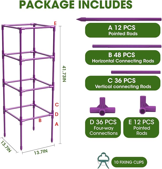 3 Pack Tomato Cages, Square Tomato Plant Stakes Support Cages Trellis for Garden Climbing Vegetables Flowers Fruits,Extra Bold,Purple