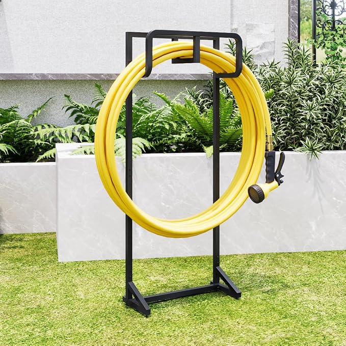 AZERPIAN Garden Hose Holder Detachable Hose Holder Freestanding Heavy Duty Metal Hose Reel Stand Water Hose rack For Outside (Black, 15.35 * 7.09 * 44.88)