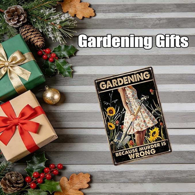 Funny Garden Sign 8x12 Inch "GARDENING BECAUSE MURDER IS WRONG" Vintage Metal Decor for Yard, Patio, Garden Fence Gift for Friends, Plant Lovers & Gardeners FFXQCTFF (3008)