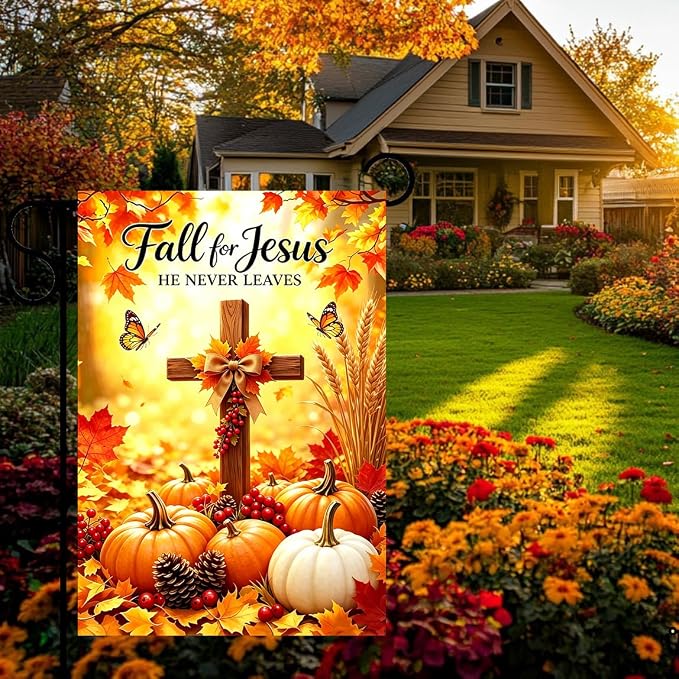 Fall Pumpkin Cross Garden Yard Flags 12x18 Double Sided Outside | Holiday Thanksgiving Fall for Jesus He Never Leaves Pumpkin Cross Outdoor Yard Decoration, Autumn Farm Porch Garden Decor