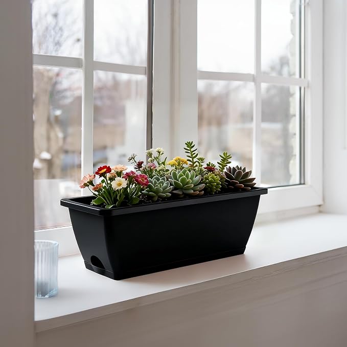 Rectangle Planters Box, 4 Pack Deck Hanging Planters for Railings, Window Box Planter with Drainage Holes & Trays, 16.9 Inch Balcony Planters Railing Hanging with Metal Brackets, Black