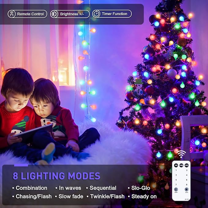 JMEXSUSS 100 LED Christmas Lights Indoor Plug in, 33ft 8 Mode Globe String Lights with Remote, Connectable Fairy Lights for Bedroom Room Tree Party Holiday Christmas Decoration (Multicolor)