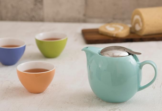 Zero Japan Bee House Round Teapot For One, 24 Oz - Ceramic Tea Pot with Stainless Steel Lid and Infuser, Smooth-Pour Spout, Diswasher and Microwave Safe Tea Pots (Aqua Mist)