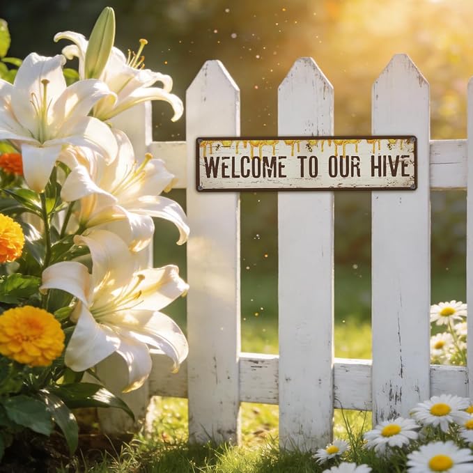 Garden Metal Tin Sign Bee Decor, Vintage Farmhouse Wall Art, Welcome to Our Hive Sign, for Yard Fence Door Porch, Rustic Indoor Outdoor Garden Decoration, 15.7 x 3.9 Inches