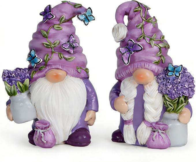Hodao 2Pcs Purple Lavender Butterfly Gnome Figurine Set for Yard, Lawn, Patio, Porch - Weatherproof Resin Garden Decoration - Outdoor Decor & Unique Gnome Gift for Women