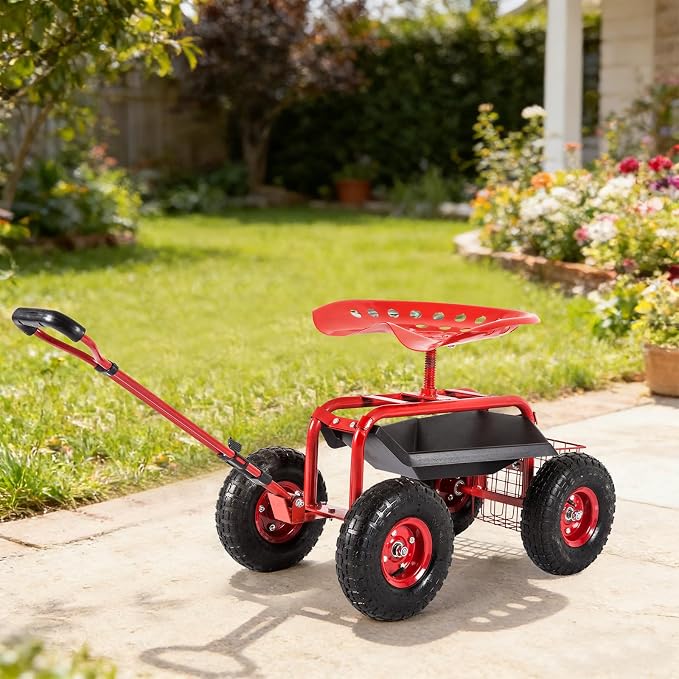 kinbor Garden Cart Rolling Scooter with Extendable Steering Handle, Swivel Seat & Utility Basket, Red