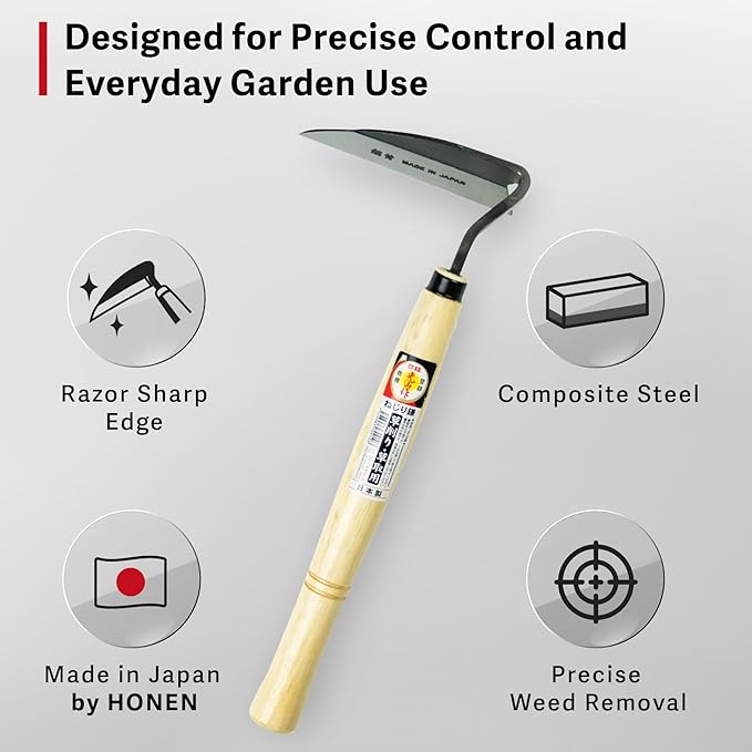 Japanese Weeding Sickle, Hand Weeder Tool for Surface Weed Removal, Tight Spaces and Light Grass Cutting, Made in Japan by HOUNEN