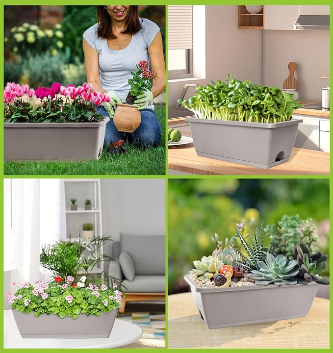 LOCONHA Window Box Planter, Plastic Vegetable Flower Planters Boxes 17 Inches Rectangular Flower Pots with Saucers for Indoor Outdoor Garden, Patio, Home Decor (7, French Grey)