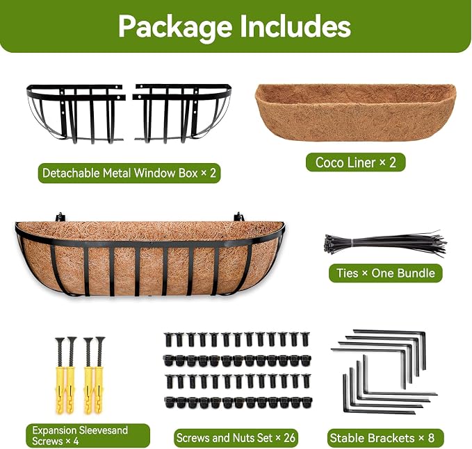 Halatool 24 Inch Railing Planter Box, 2 Pack Window Boxes Planters, Balcony Flower Boxes with Coco Liner & Adjustable Brackets, Trough Planter Box for Outdoor Fence, Deck, Porch & Garden