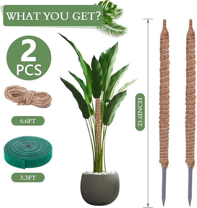 2 Pack 24 Inch Coco Coir Moss Poles for Climbing Indoor Plants - Handmade Plant Support for Creepers to Grow Upwards