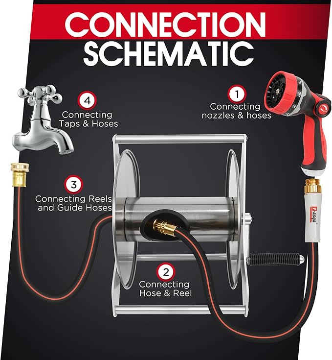 Stainless Steel Garden Hose Reel, Wall/Floor Mounted, Retractable with Crank, 135 Ft Capacity