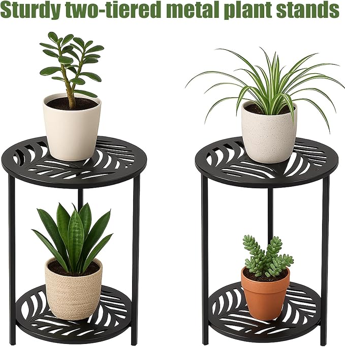 17.7" Two-tiered Metal Round Side Tables Extra-large Black Outside End Table for Patio Round Accent Garden Corner Stand for Small Spaces Weather-resistant Coffee Table for Balcony Porch Plant Stand