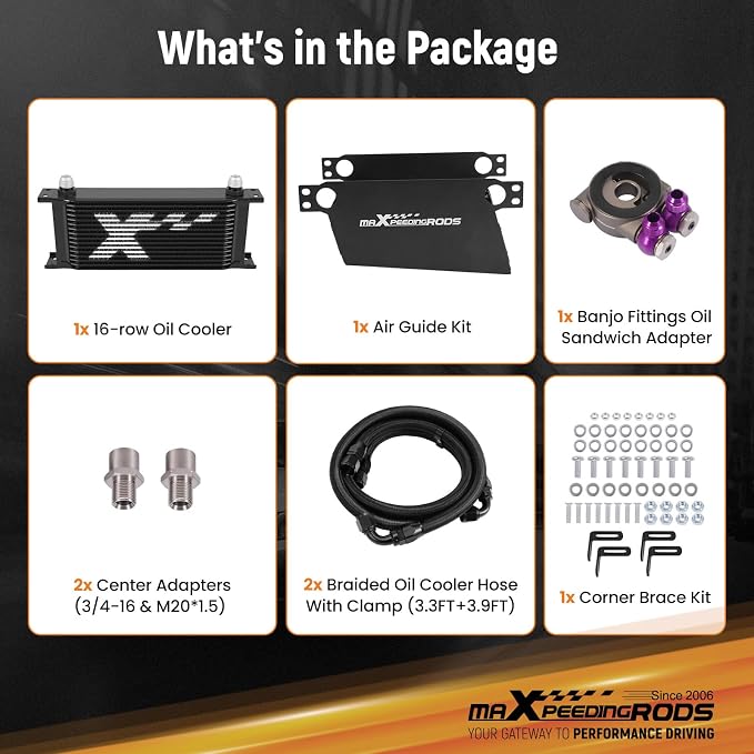 maXpeedingrods 16 Row Oil Cooler Kit, 10AN Transmission Engine Cooler British Radiator Universal Aluminium Black, Banjo Fittings Oil Filter Sandwich Adapter, Air Guide Kit and Oil Cooler Hoses
