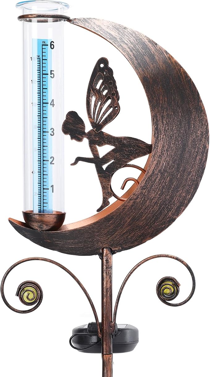 WONDER GARDEN Solar Rain Gauge Outdoor, Decorative Moon Fairy Rain Gauges Outdoors Best Rated, Freeze Proof Water Rain Measure Gauge for Yard Patio Lawn Garden Decor