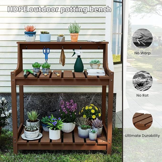 Potting Benches for Outside, HDPE Garden Potting Table All Weather, Outdoor Potting Table with Storage for Patio, Backyard, Garden, Brown
